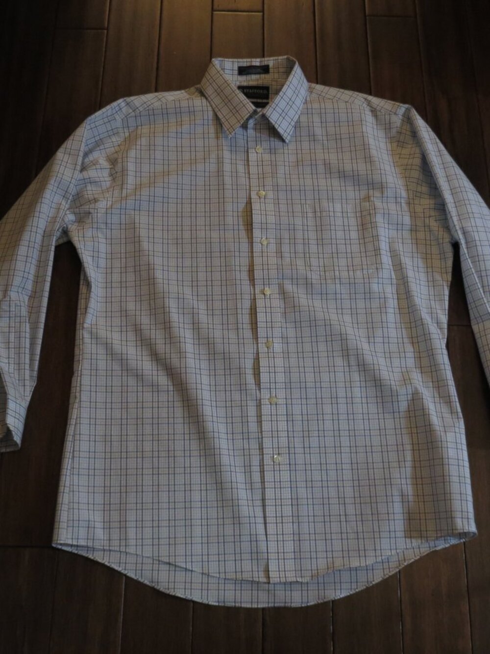Stafford 17/34-35 Button Down Long Sleeve Shirt Fitted Plaid White/Blue/Tan